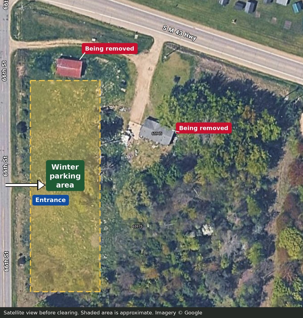 Satellite view of the property at M-43 and 66th St with the winter parking area shaded and two old buildings marked for removal