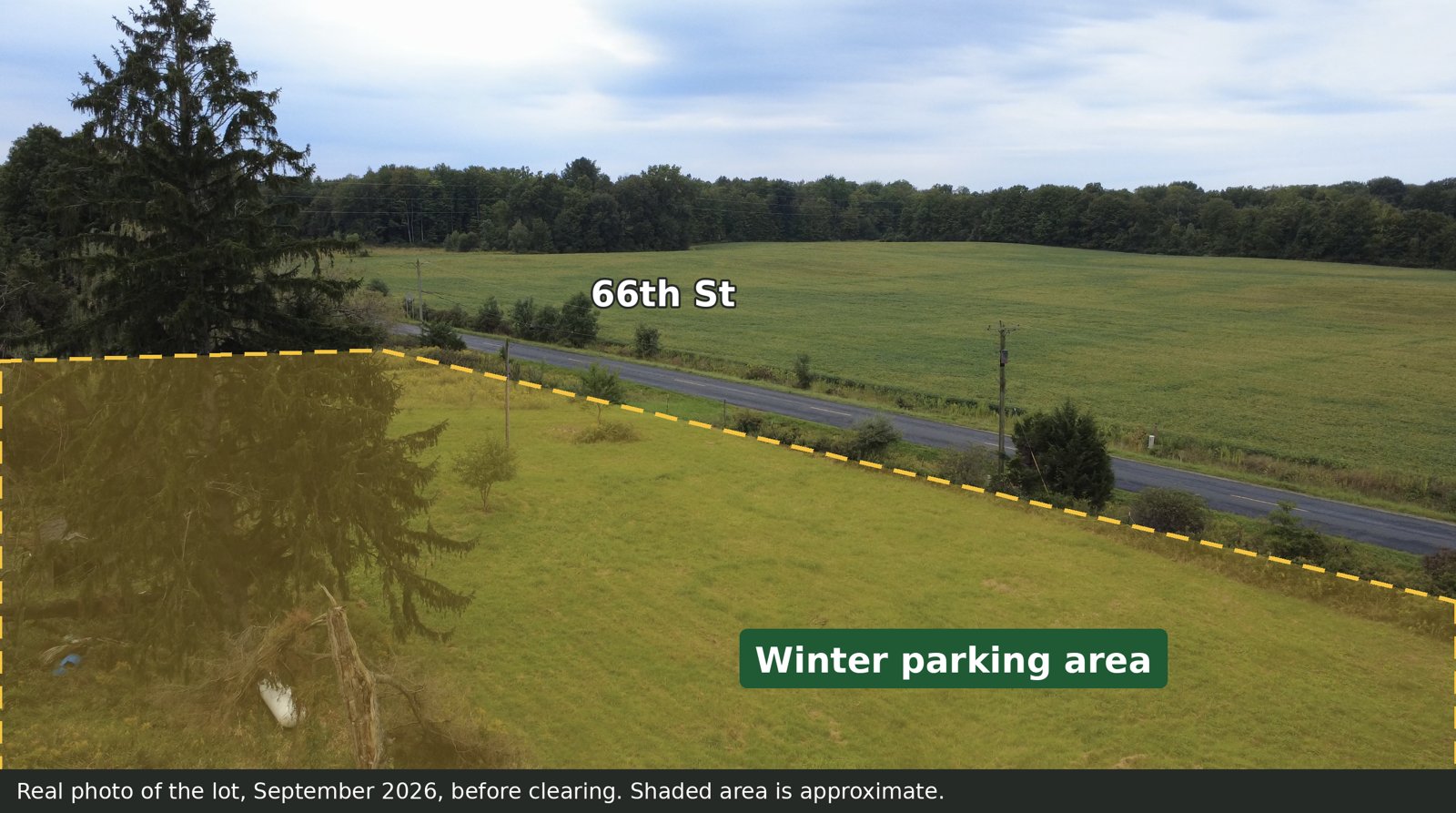Drone photo of the open field along 66th St, with the winter parking area shaded